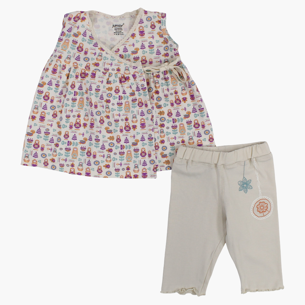 Baby Girls Cotton Pajama Set – Beige with Floral Print