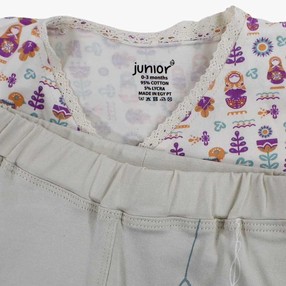 Baby Girls Cotton Pajama Set – Beige with Floral Print