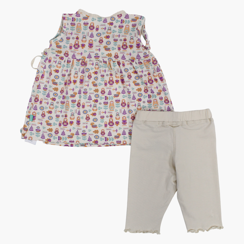Baby Girls Cotton Pajama Set – Beige with Floral Print