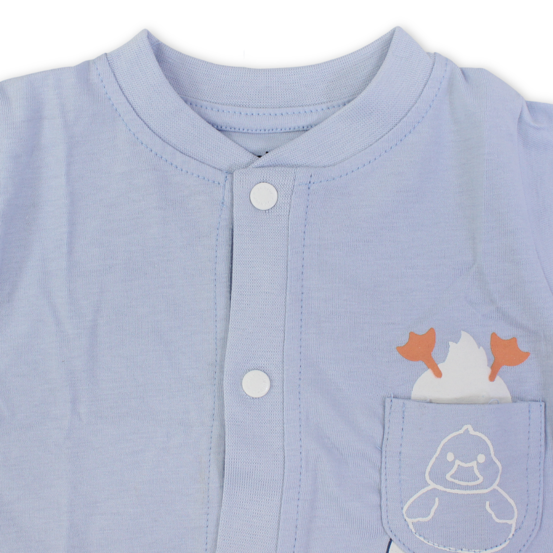 Baby Boys Cotton Romper – Baby Blue with Chick Print