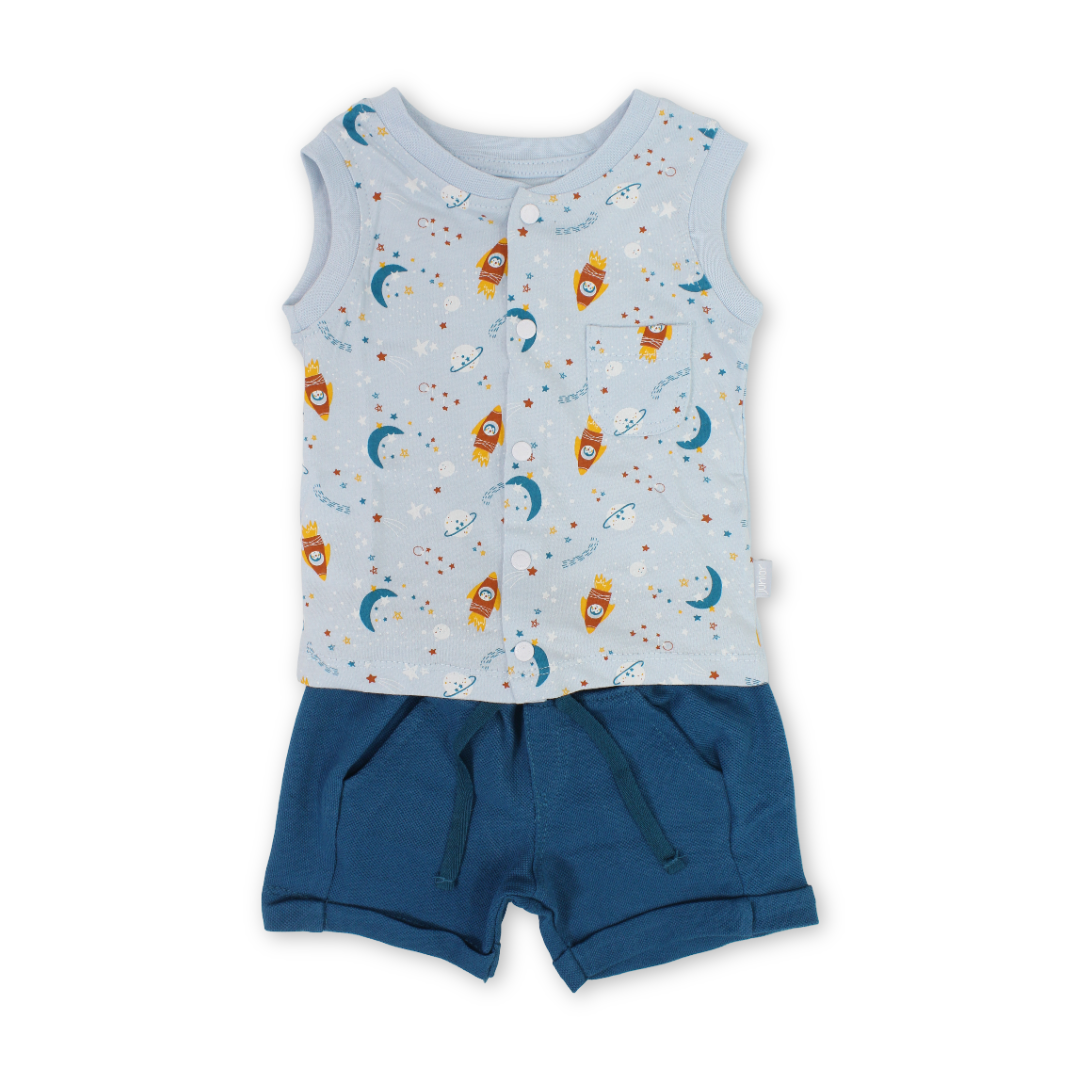 Baby Boys Cotton Sleeveless Pajama – Baby Blue with Space Print