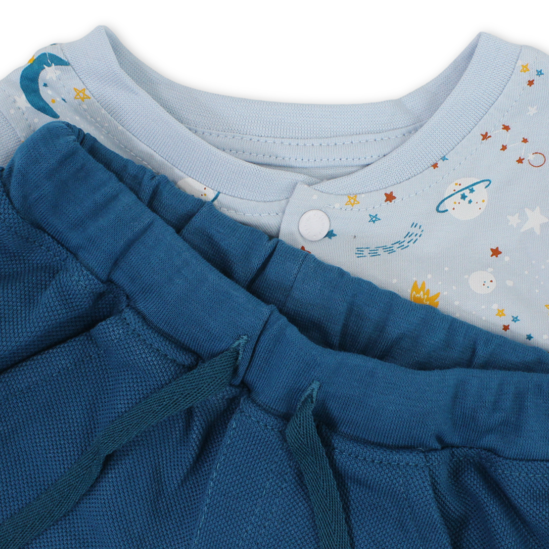 Baby Boys Cotton Sleeveless Pajama – Baby Blue with Space Print