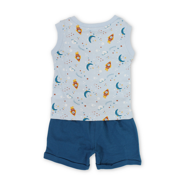 Baby Boys Cotton Sleeveless Pajama – Baby Blue with Space Print