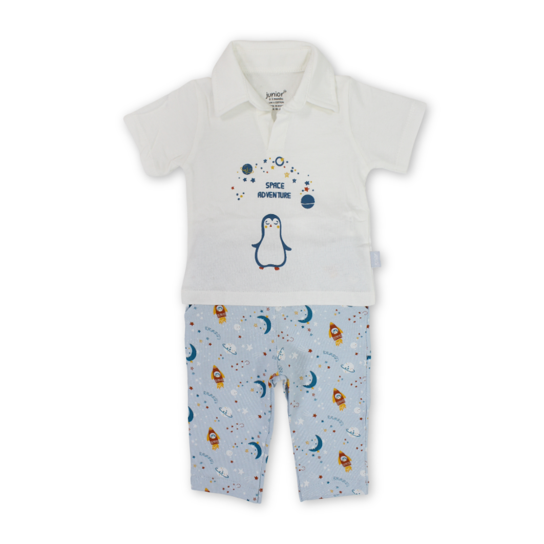 Baby Boys Cotton Pajama – Off-White with Space Print