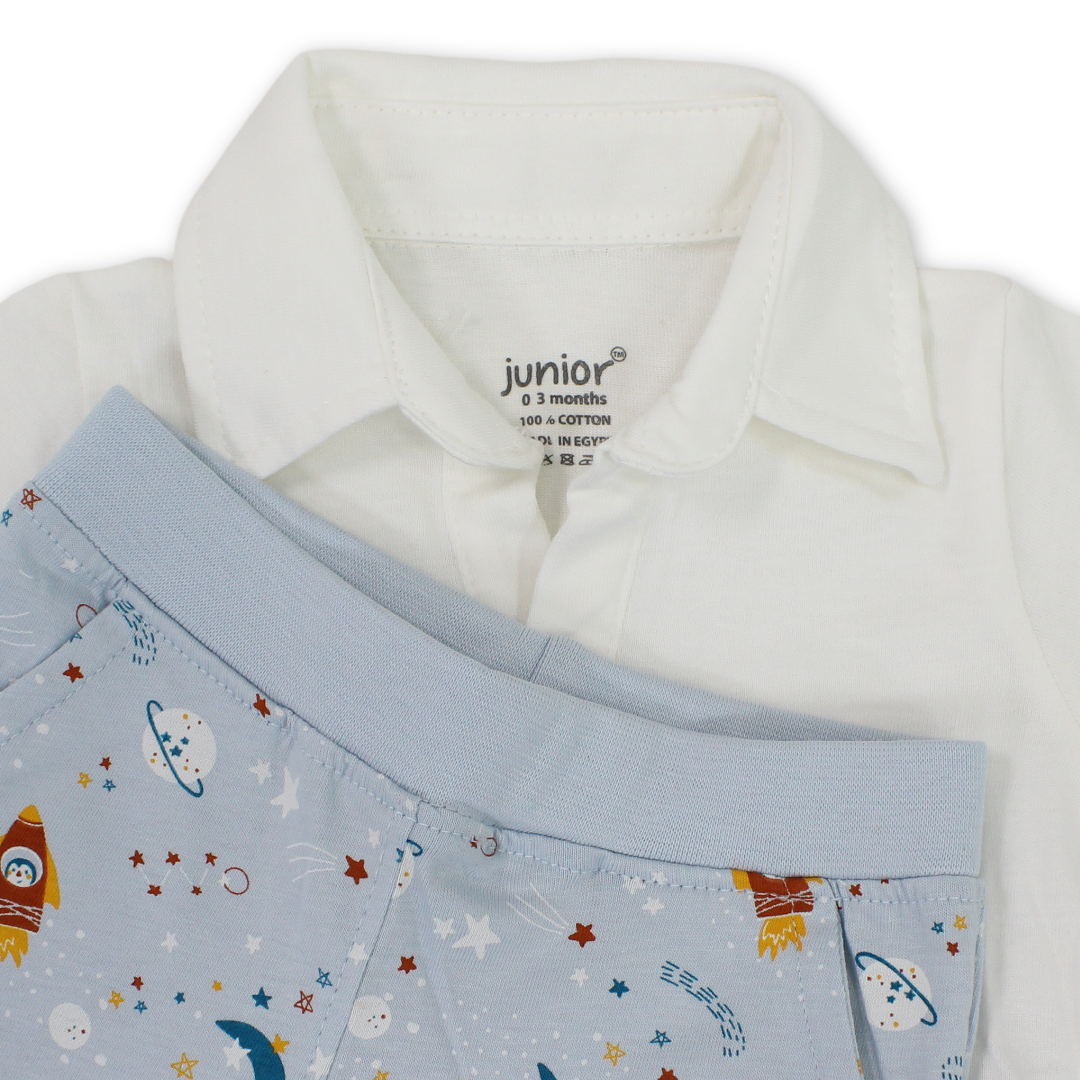 Baby Boys Cotton Pajama – Off-White with Space Print