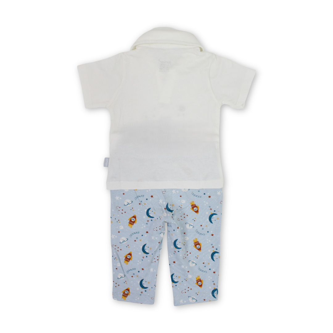 Baby Boys Cotton Pajama – Off-White with Space Print