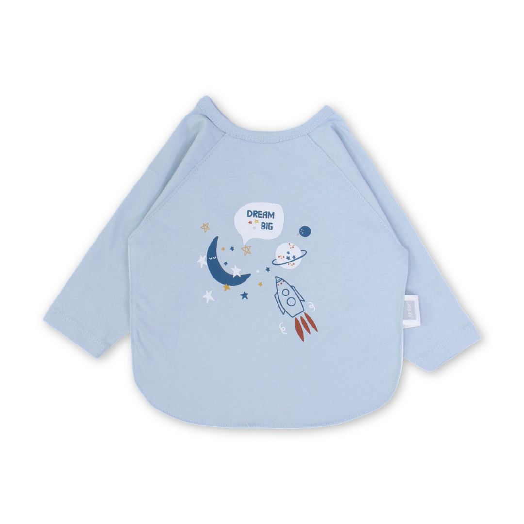 Cotton Long-Sleeved Baby Bib – Baby Blue with Space Print