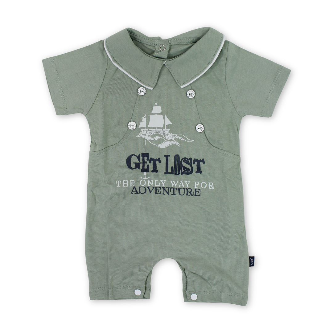 Baby Boys Cotton Romper – Olive with "Get List" Print - Clothing - Junior