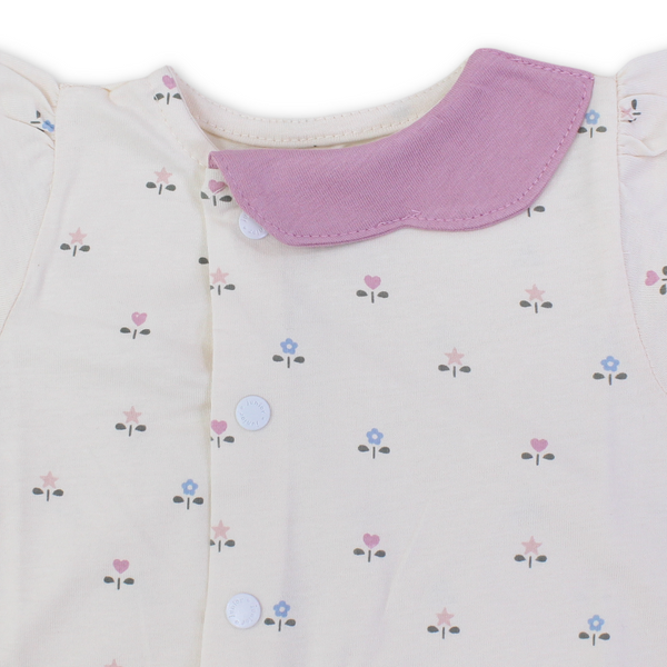 Baby Girls Cotton Romper – Beige with Flowers Print