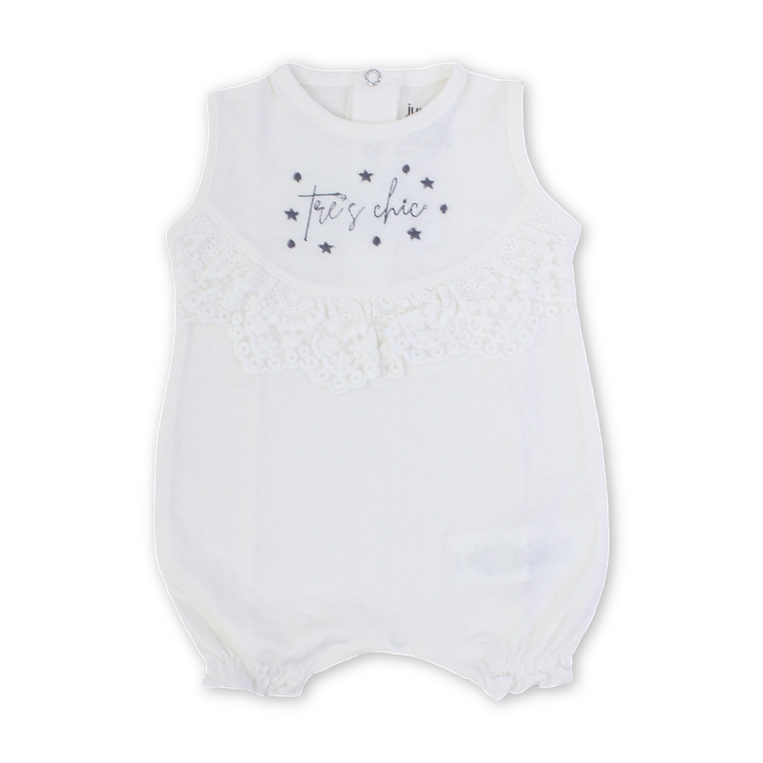 Baby Girls Cotton Romper – Off-White with "Trest Chic" Embroidery