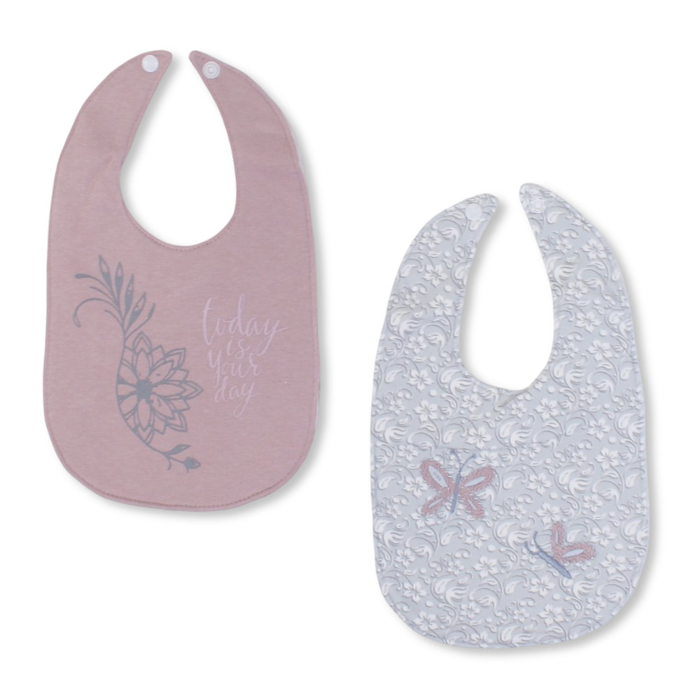Cotton Baby Bibs – Pink & Grey with Floral and Butterfly Prints (2 Pieces)