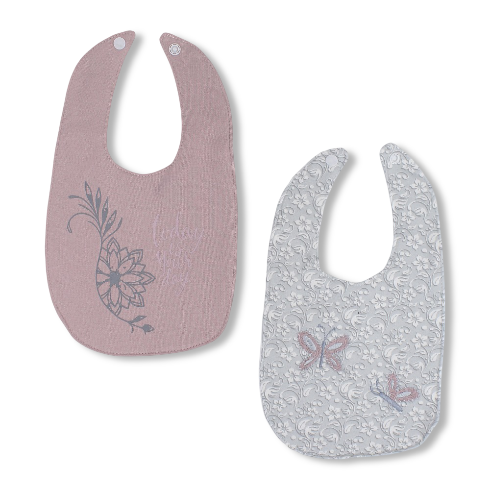Cotton Baby Bibs – Pink & Grey with Floral and Butterfly Prints (2 Pieces)