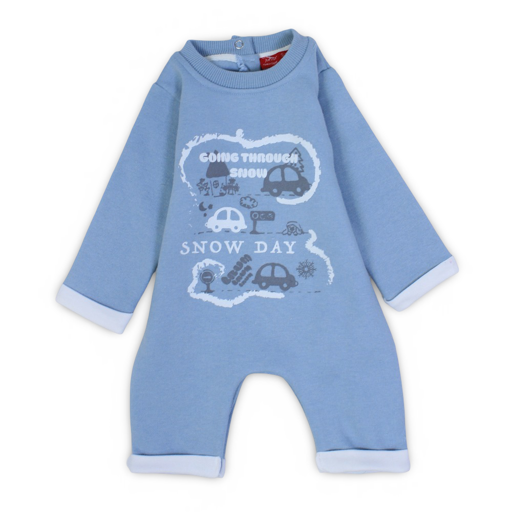 Baby Boys Cotton Footless Onesie – Light Blue with Snow Day Design