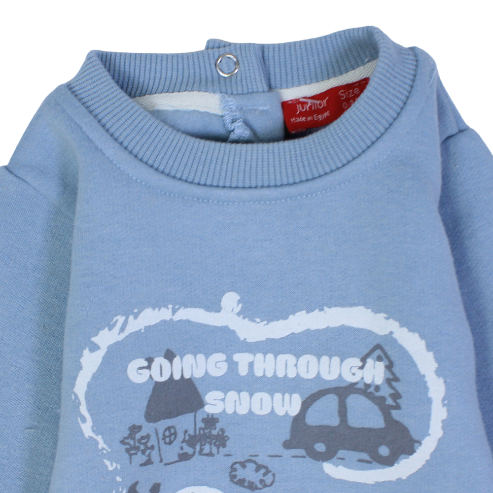 Baby Boys Cotton Footless Onesie – Light Blue with Snow Day Design