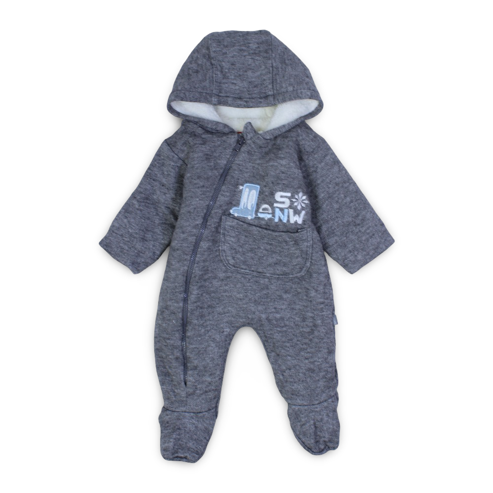 Baby Boys Hodded Baby Footie – Grey with Snow Day Design