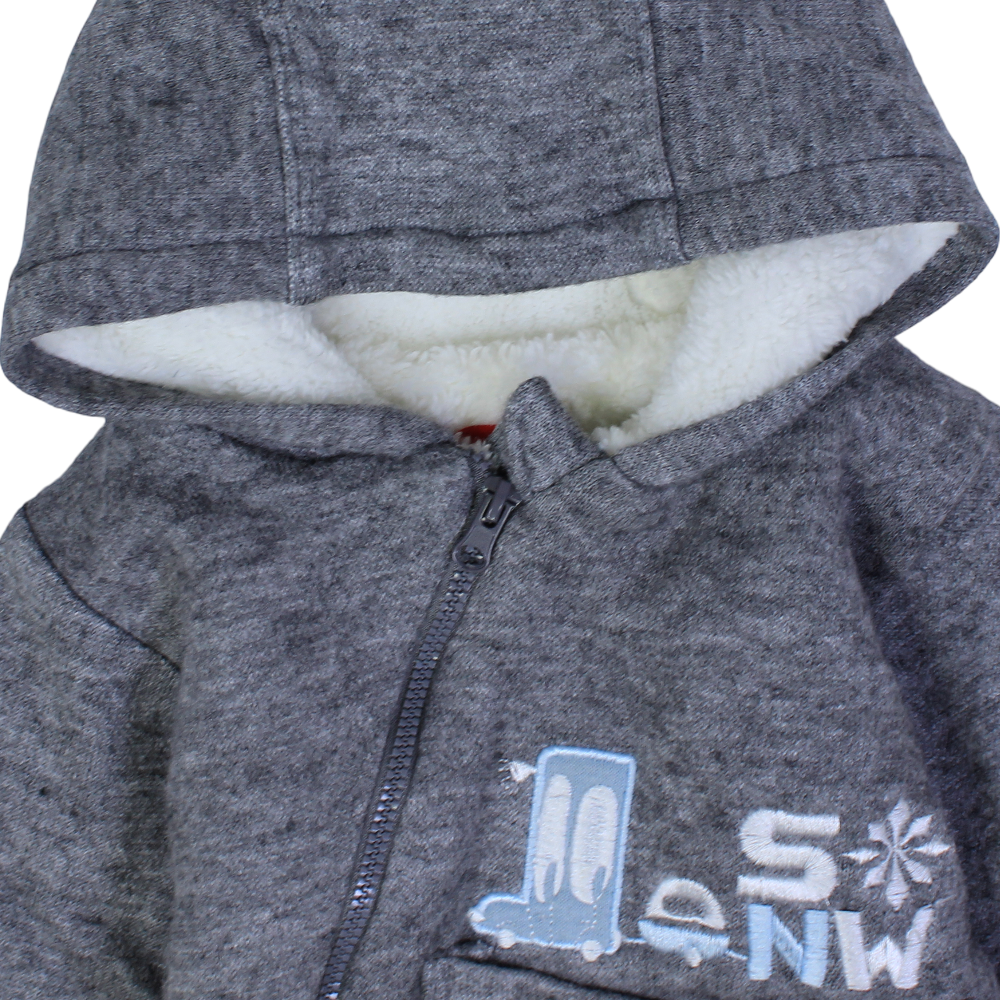 Baby Boys Hodded Baby Footie – Grey with Snow Day Design