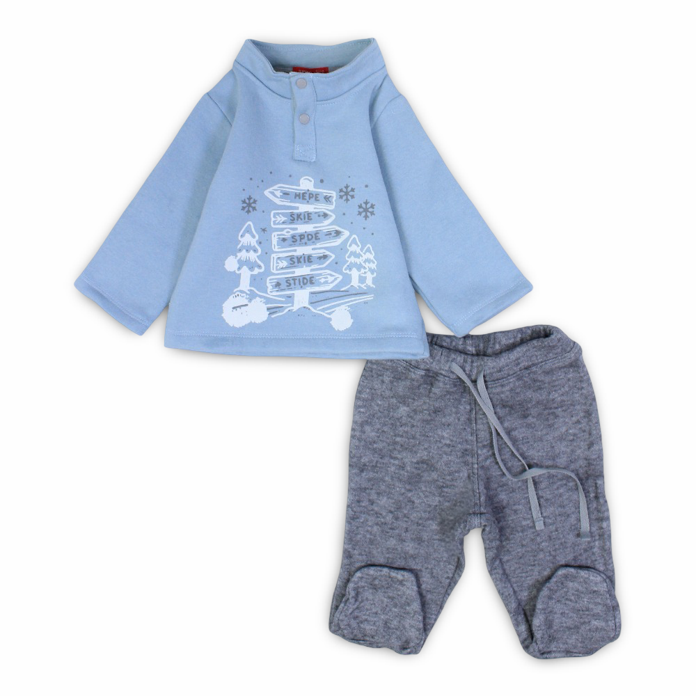 Baby Boys Cotton Pajama  Set – Light Blue with Trees & Direction Signs Design