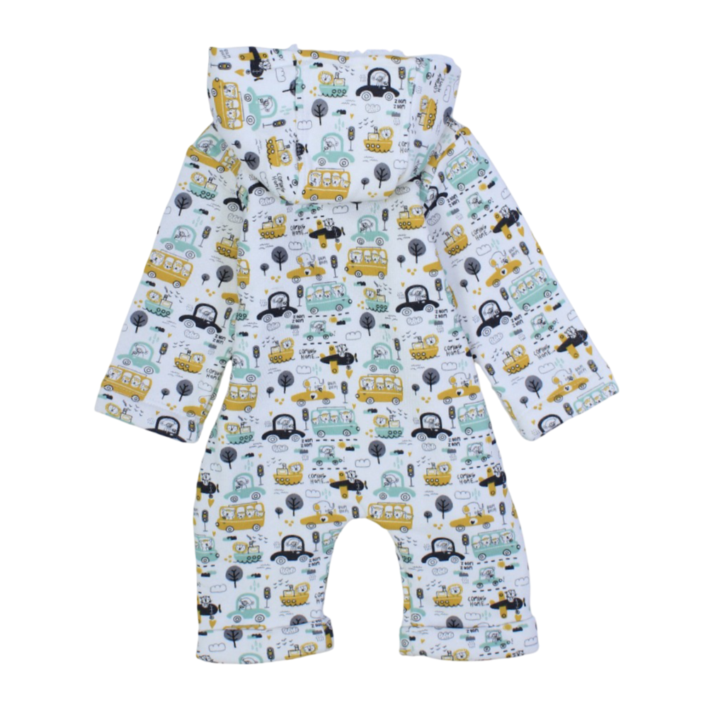 Baby Boys Hooded Footless Onesie – Off White with Cars Design