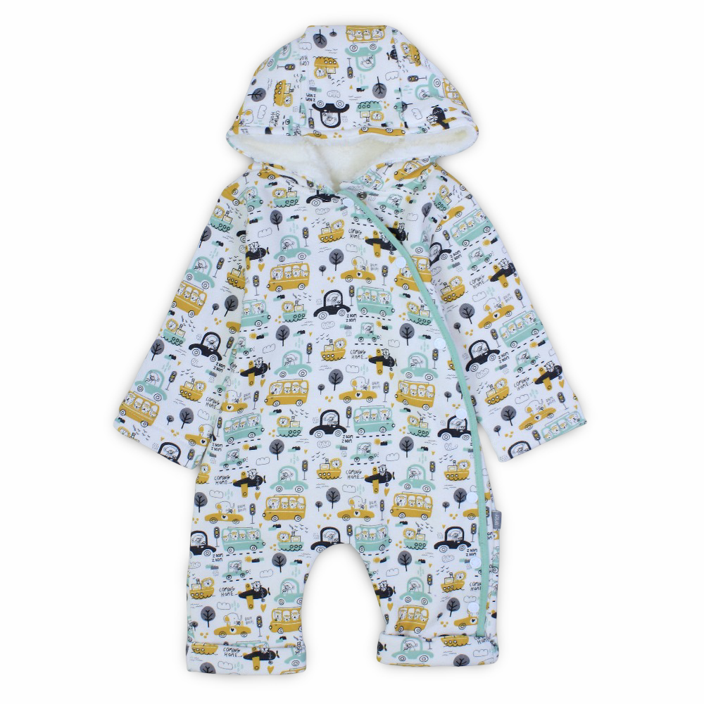 Baby Boys Hooded Footless Onesie – Off White with Cars Design
