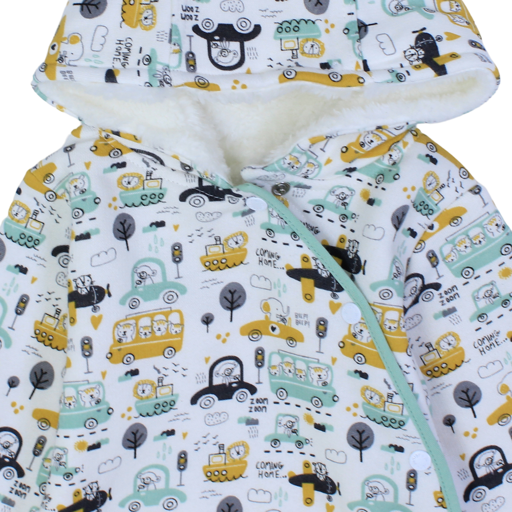 Baby Boys Hooded Footless Onesie – Off White with Cars Design
