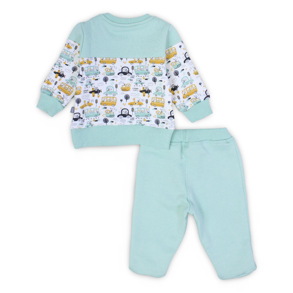 Baby Boys Cotton Pajama Set – MInt Green with Cars Design