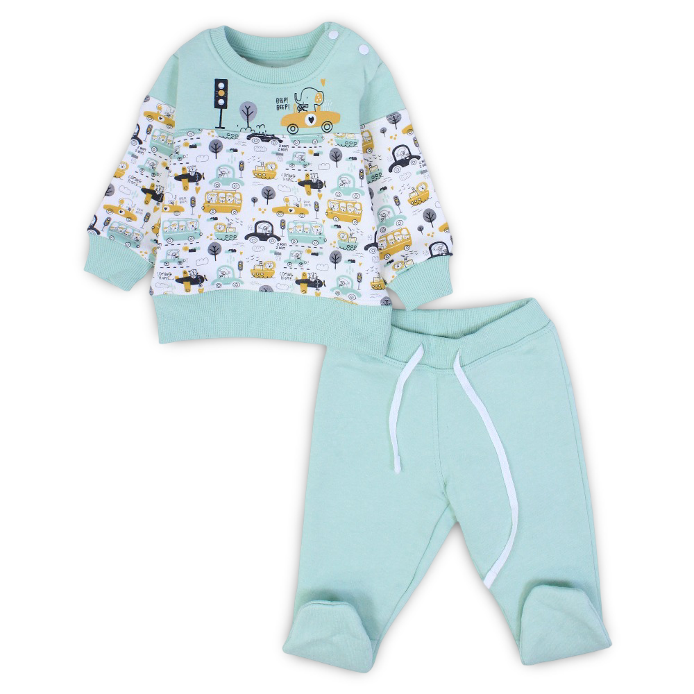 Baby Boys Cotton Pajama Set – MInt Green with Cars Design