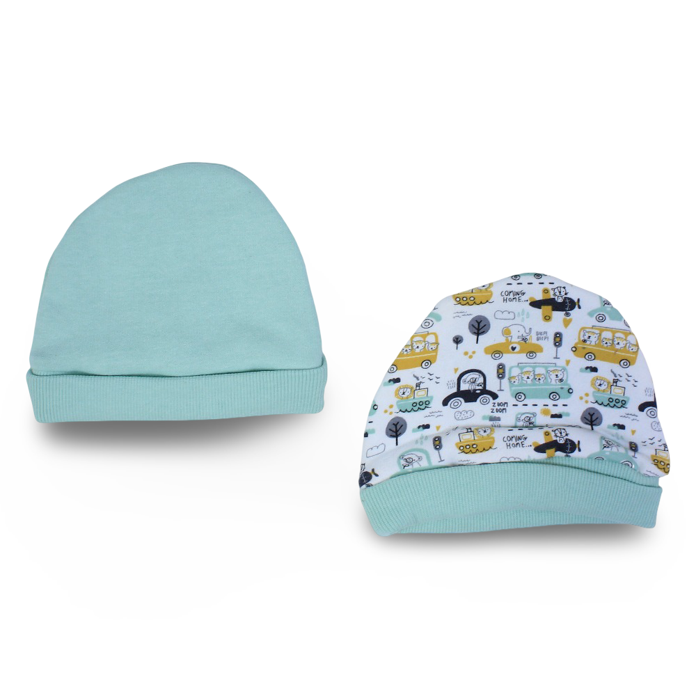 Baby Boys Cotton Beanie – Mint & Off White with Cars Design (Pack of 2)