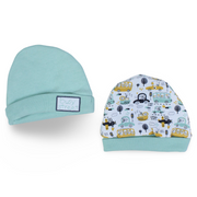 Baby Boys Cotton Beanie – Mint & Off White with Cars Design (Pack of 2)