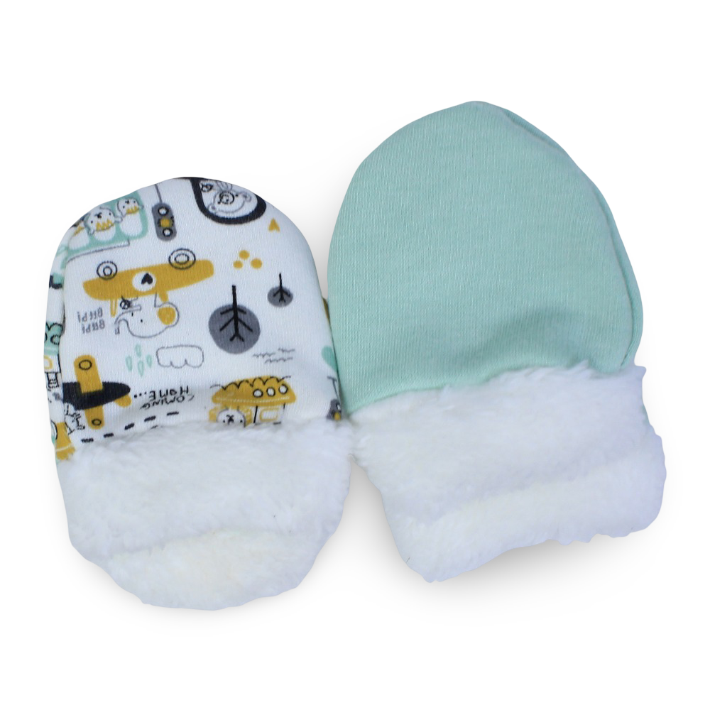 Baby Boys Cotton Hand Mittens – Mint & Off White with Cars Design (Pack of 2)