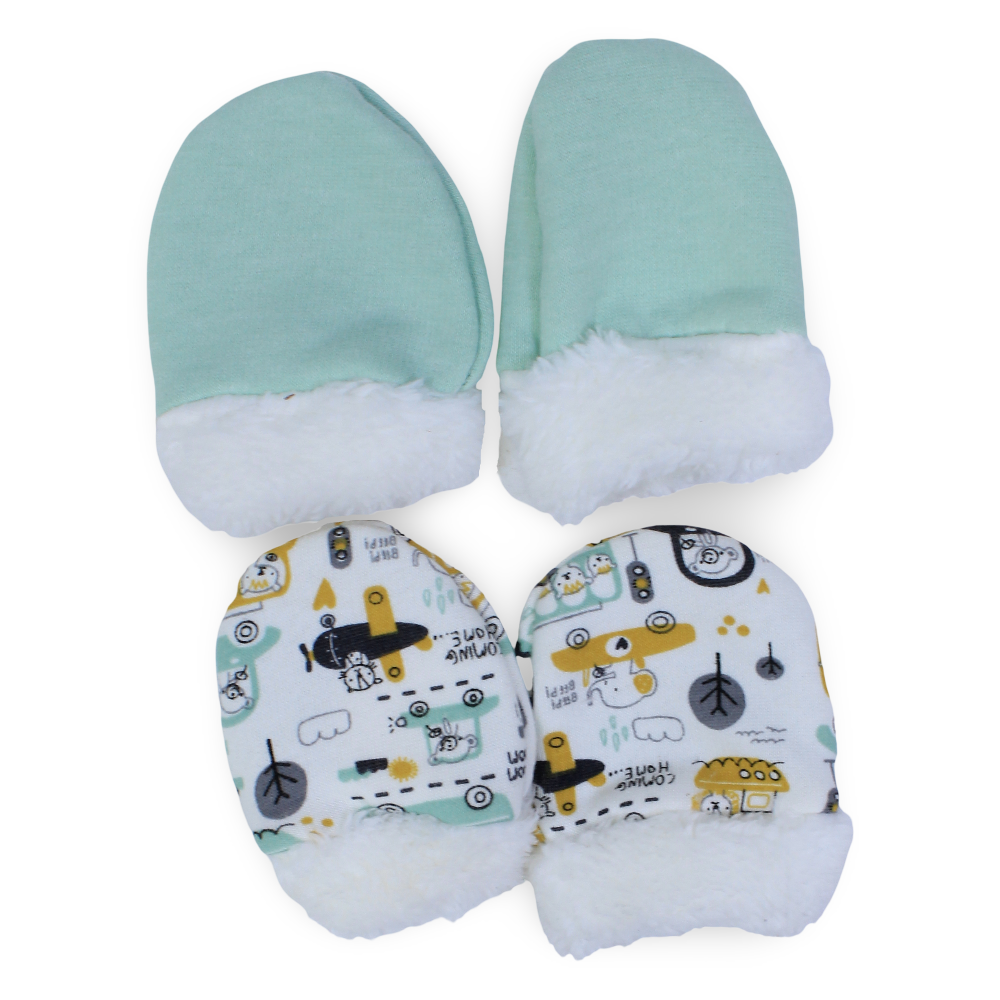 Baby Boys Cotton Hand Mittens – Mint & Off White with Cars Design (Pack of 2)