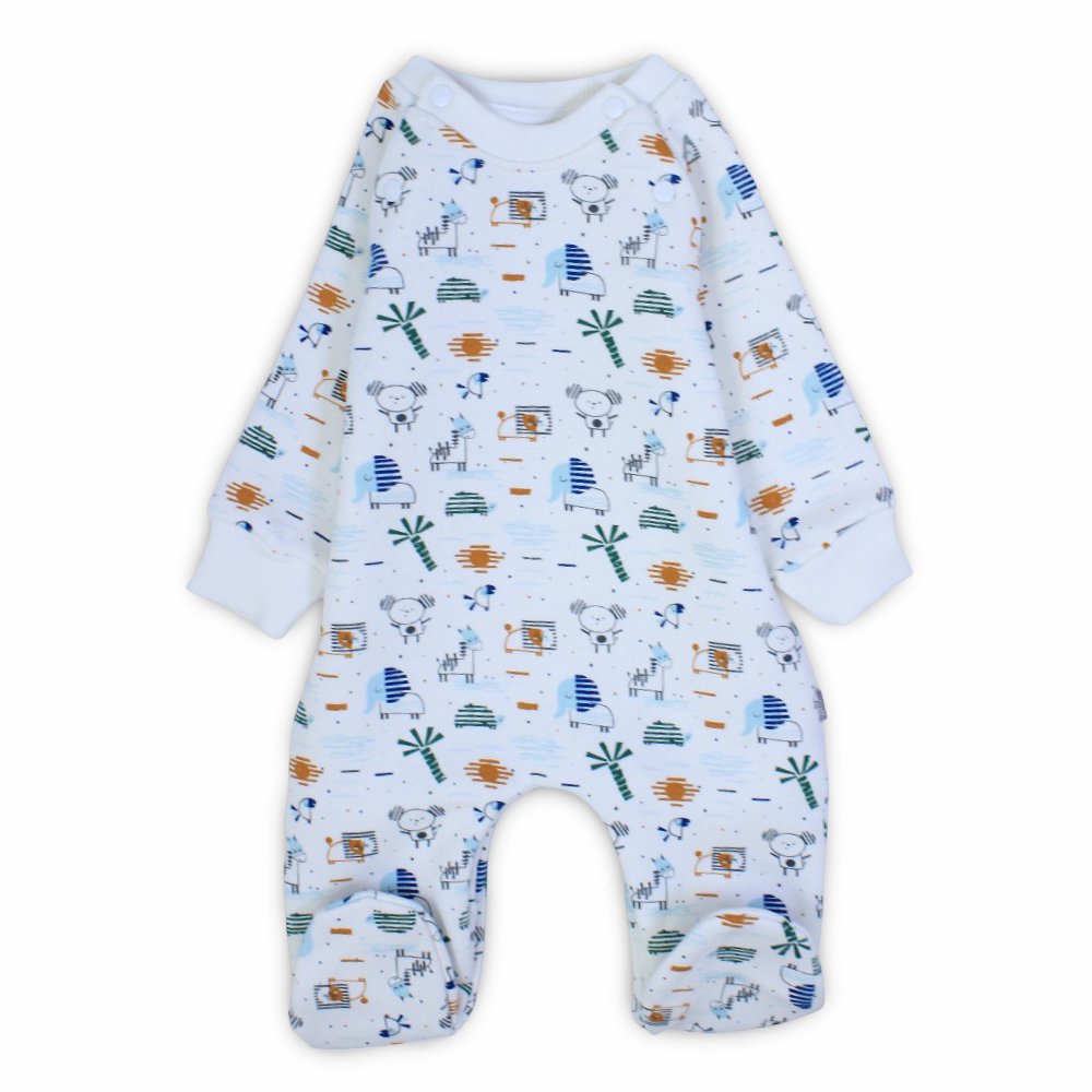 Baby Boys Cotton Baby Footie – Off-White with Animals Design