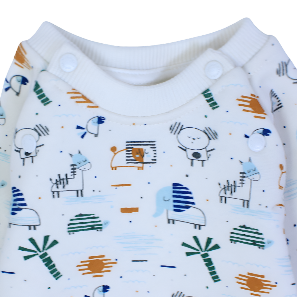 Baby Boys Cotton Baby Footie – Off-White with Animals Design