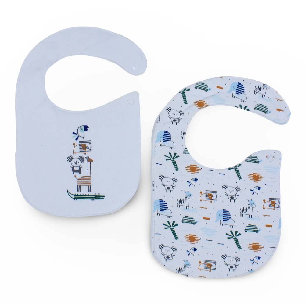 Cotton Baby Bib – Off White with Animals Design (2 Pieces)
