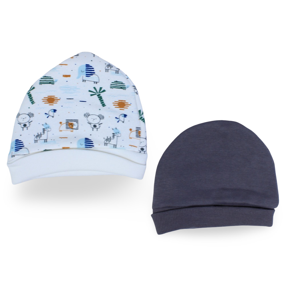 Baby Boys Cotton Beanie – Off White & Grey with Animals Design (Pack of 2)