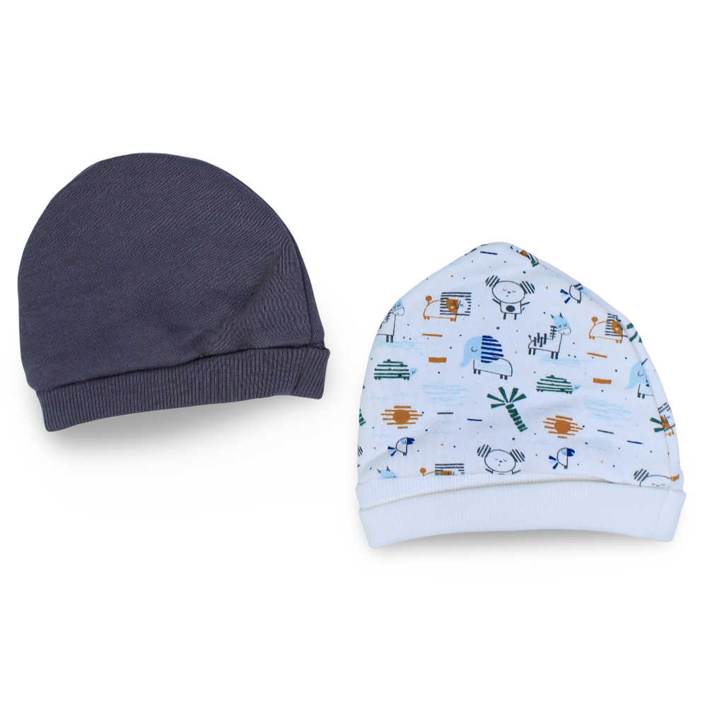 Baby Boys Cotton Beanie – Off White & Grey with Animals Design (Pack of 2)