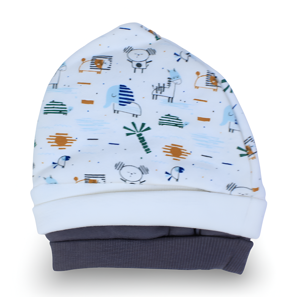 Baby Boys Cotton Beanie – Off White & Grey with Animals Design (Pack of 2)