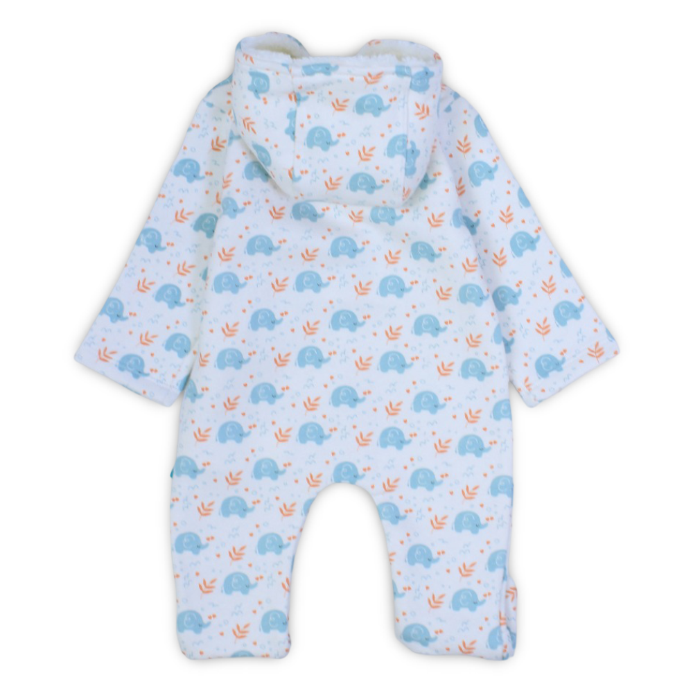 Baby Boys Hooded Baby Footie – Off-White with Elephants Design
