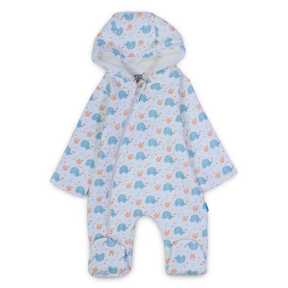 Baby Boys Hooded Baby Footie – Off-White with Elephants Design