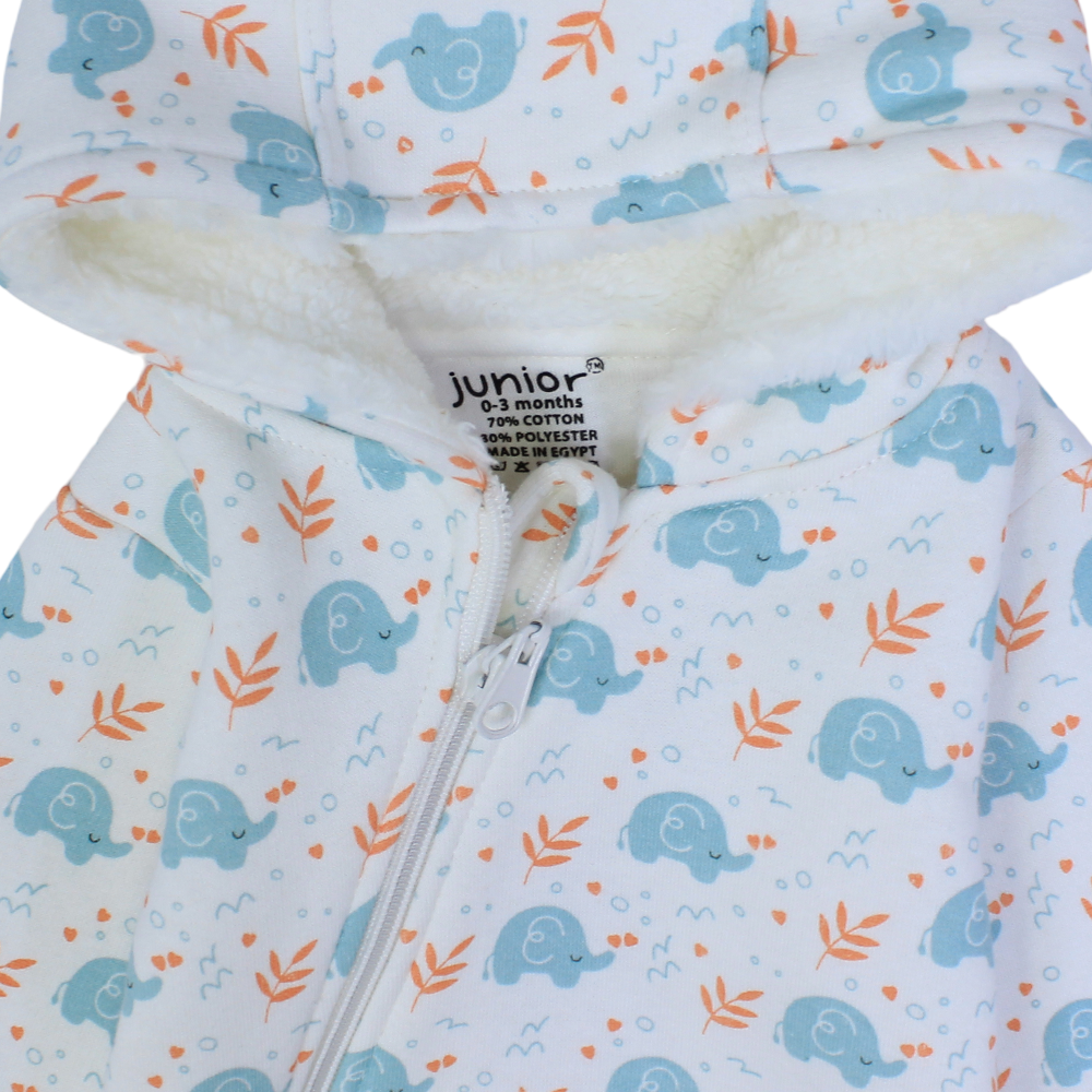 Baby Boys Hooded Baby Footie – Off-White with Elephants Design