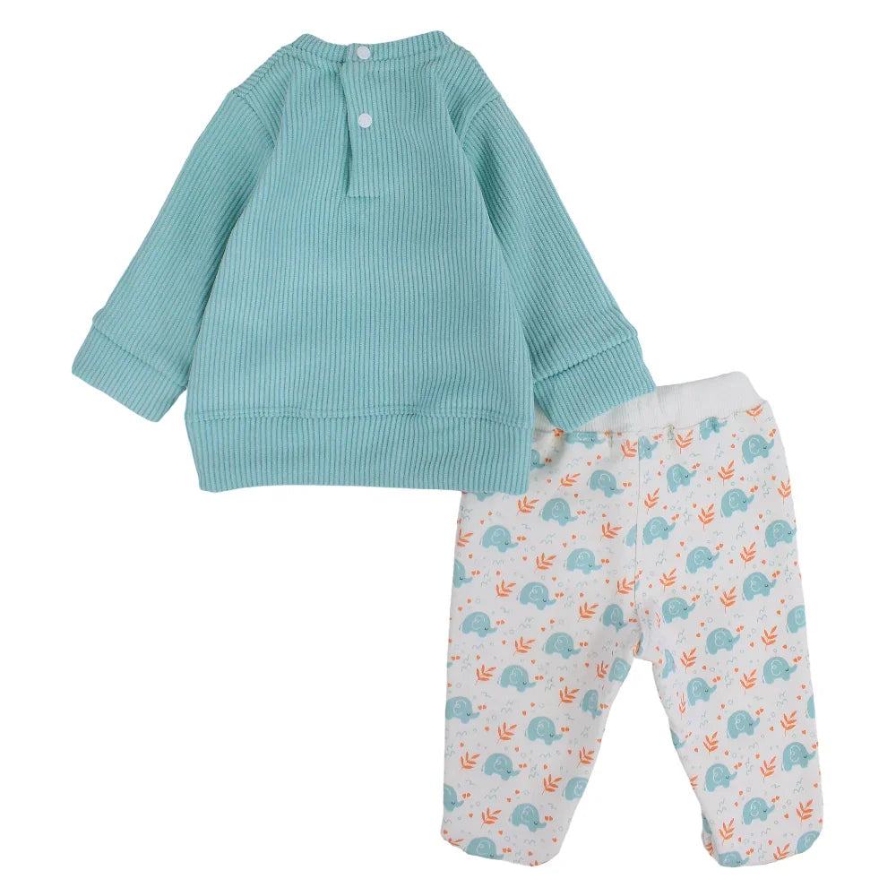 Baby Boys Velvet Pajama Set – Aqua with Elephant Design