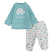 Baby Boys Velvet Pajama Set – Aqua with Elephant Design