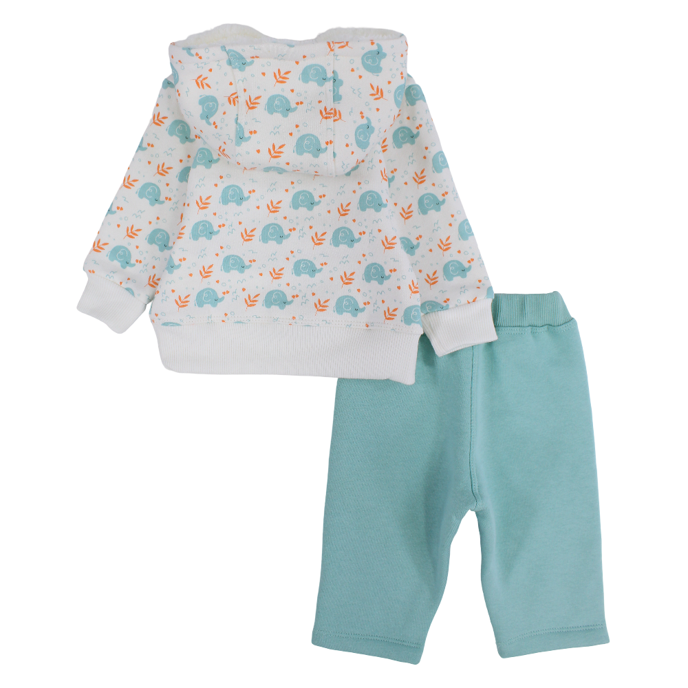 Baby Boys Hooded Pajama Set – Off-White/Mint with Elephants Design