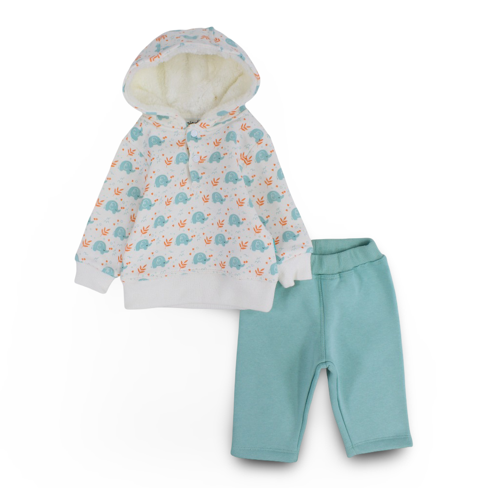 Baby Boys Hooded Pajama Set – Off-White/Mint with Elephants Design
