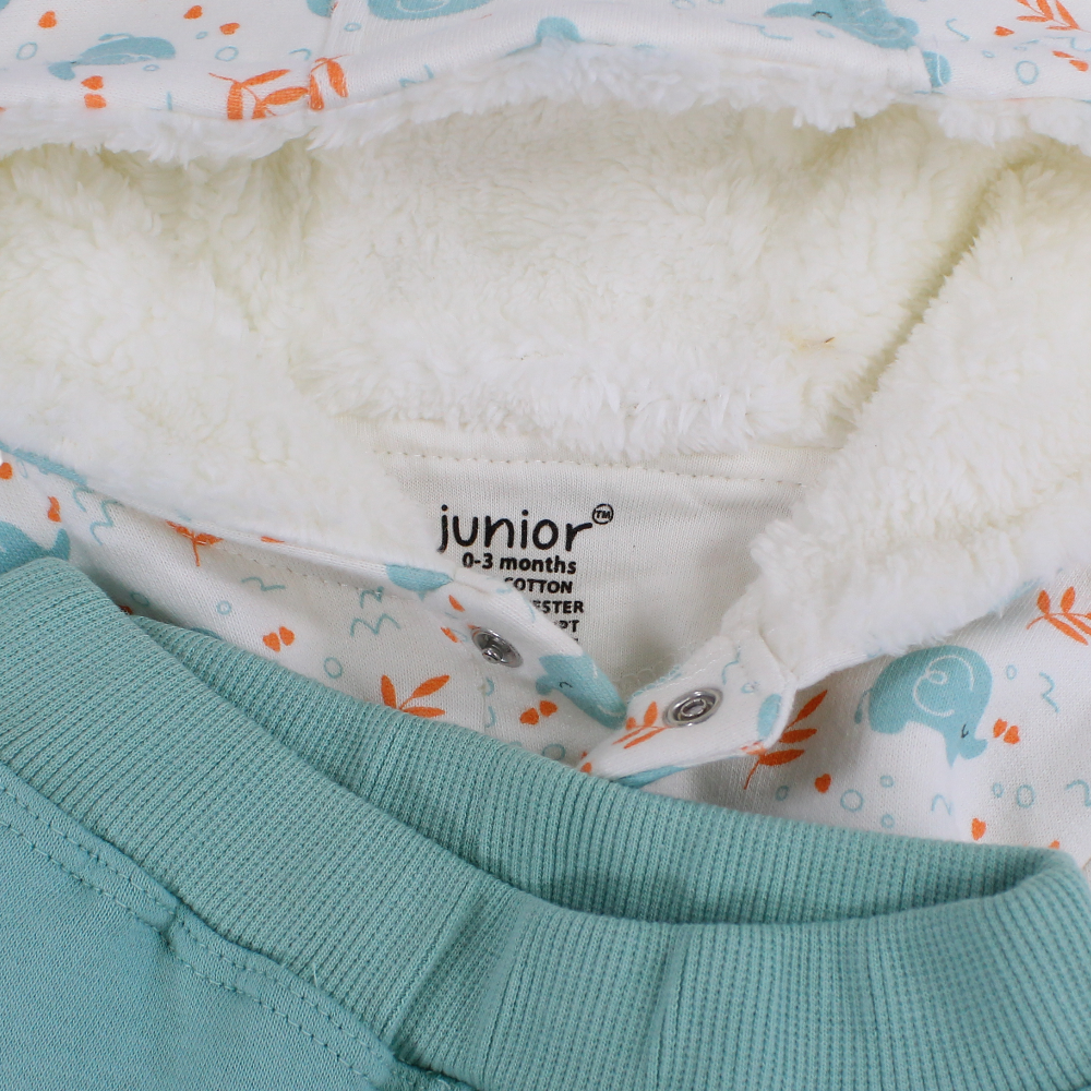 Baby Boys Hooded Pajama Set – Off-White/Mint with Elephants Design