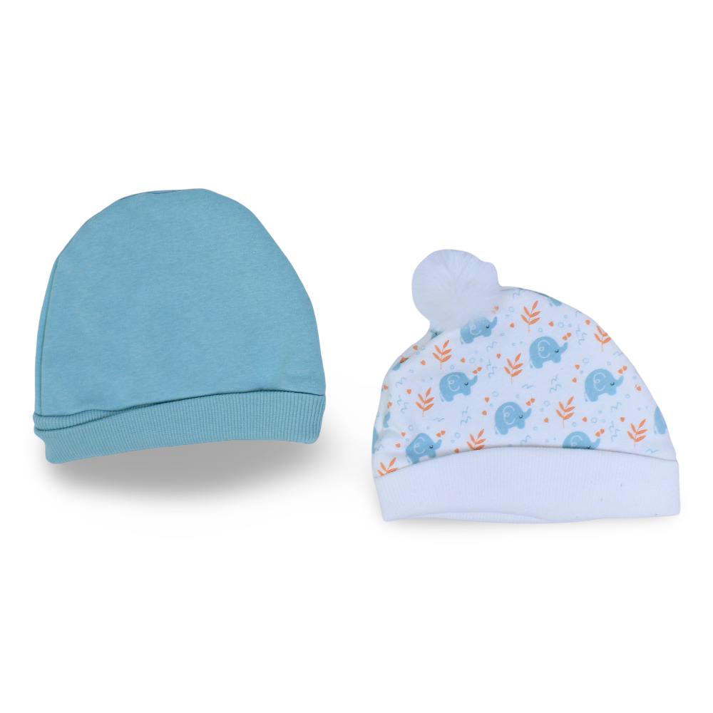 Baby Boys Cotton Beanie – Mint & Off White with Elephants Design (Pack of 2)