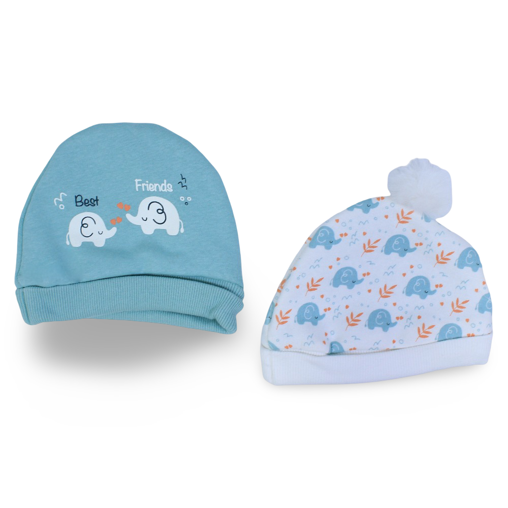 Baby Boys Cotton Beanie – Mint & Off White with Elephants Design (Pack of 2)