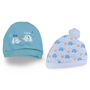 Baby Boys Cotton Beanie – Mint & Off White with Elephants Design (Pack of 2)