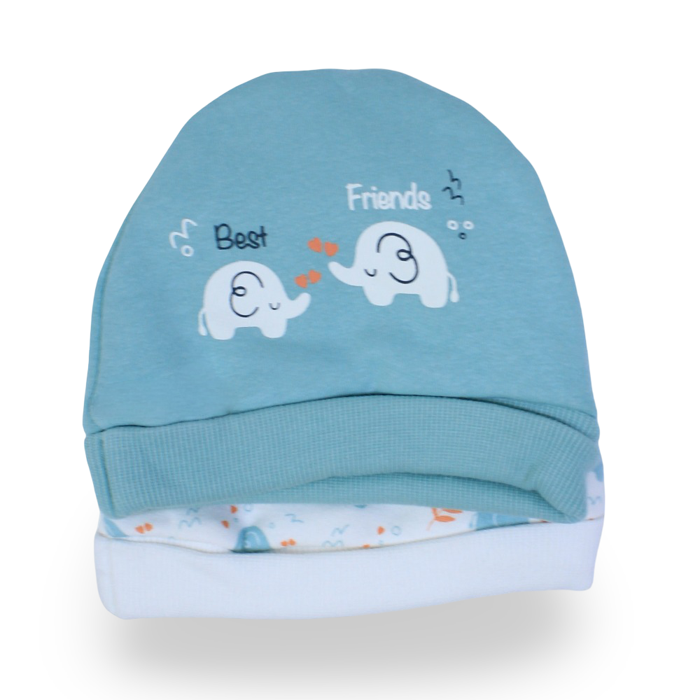Baby Boys Cotton Beanie – Mint & Off White with Elephants Design (Pack of 2)