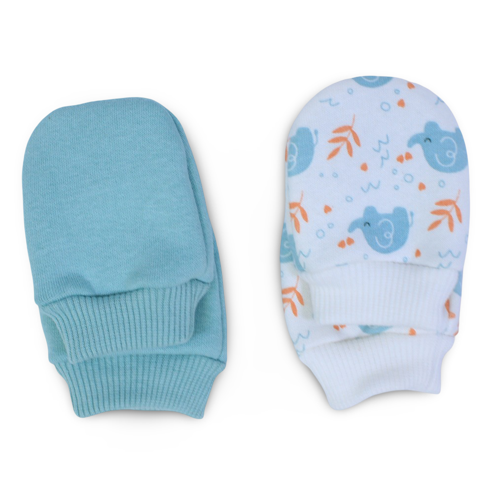 Baby Boys Cotton Hand Mittens – Mint & Off White with Elephants Design (Pack of 2)