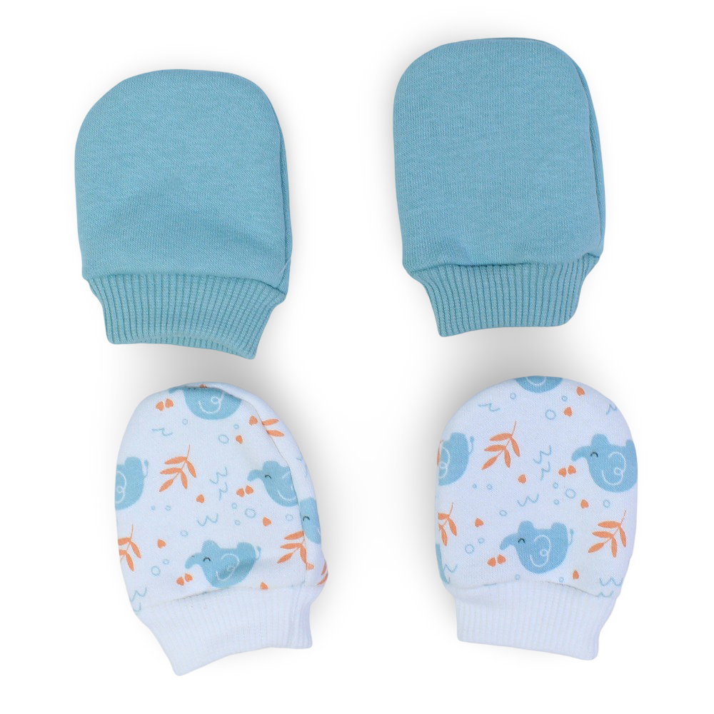 Baby Boys Cotton Hand Mittens – Mint & Off White with Elephants Design (Pack of 2)